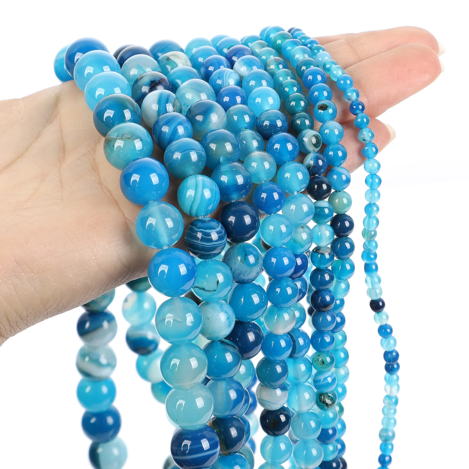 15 &quotнитка из натурального камня бисер Гладкий синий в полоску Агаты круглые