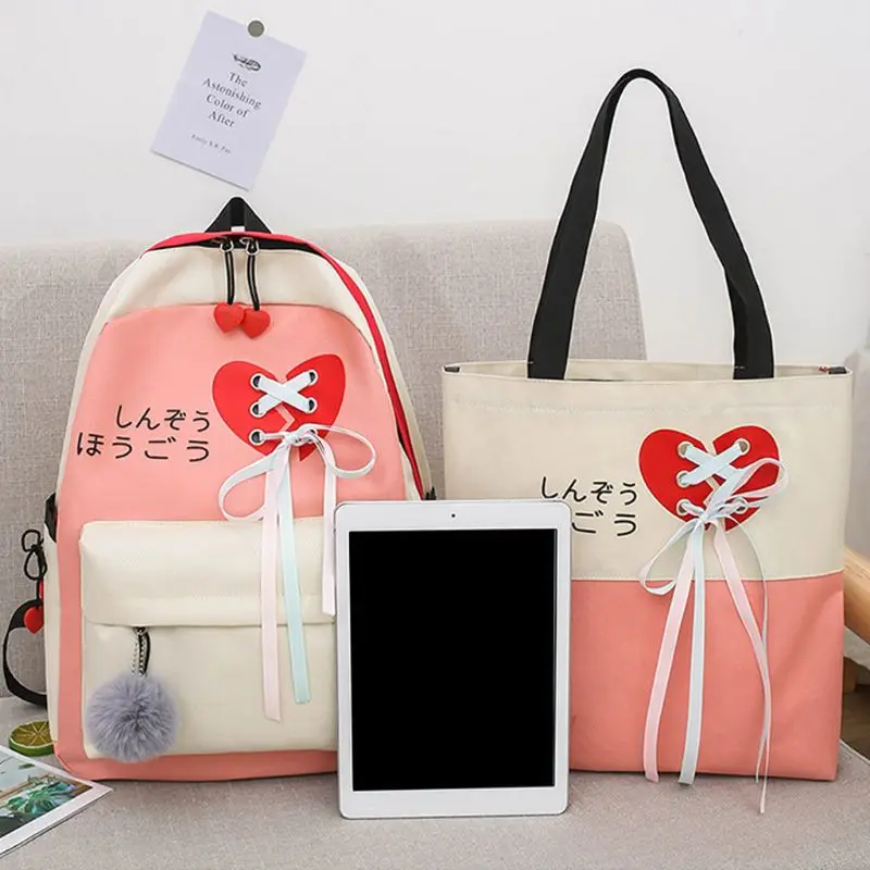 

4pcs Canvas Daypacks Ribbon Casual Daypack School Backpack Shoulder Bags Bookbag Pencil Case Set for Student Teen Girls