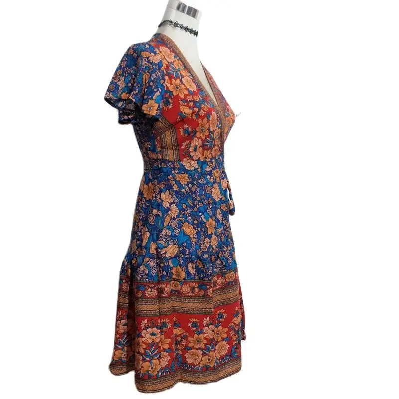 

Print Dress Women V-Neck Sundress Mini Dress Bohemia Holiday High Waist Summer Dresses 2021 Fashion Femme Robe