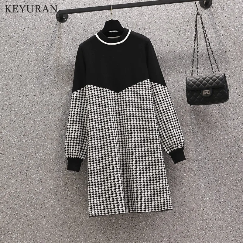 

Plus Size Women's Knit Sweater Dress Autumn Winter Fashion Long Sleeve Loose Splicing Base Pullover Sweater Dresses Vestidos 4XL