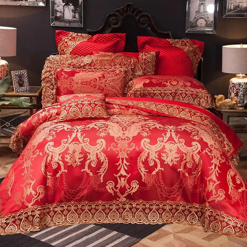 

New Silk Cotton Jacquard Luxury Royal Wedding Bedding set Lace Duvet Cover Bed Sheet Pillowcases Queen King size 4/6/9pcs