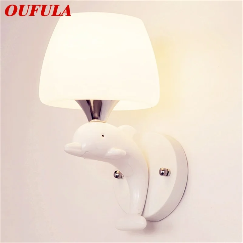 

OUFULA Wall Lights Modern LED Lamps Creative Cartoon Indoor Two Heads White Dolphin For Home Children