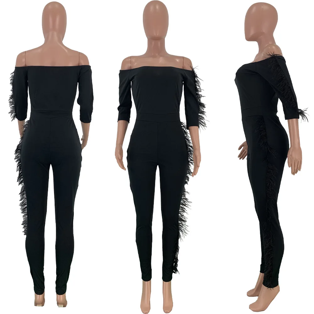 

Feather Edge Sexy Slash Neck White Jumpsuits Long Sleeve Casual Plus Size Club Slim Romper Women Clothes Black Backless Bodysuit