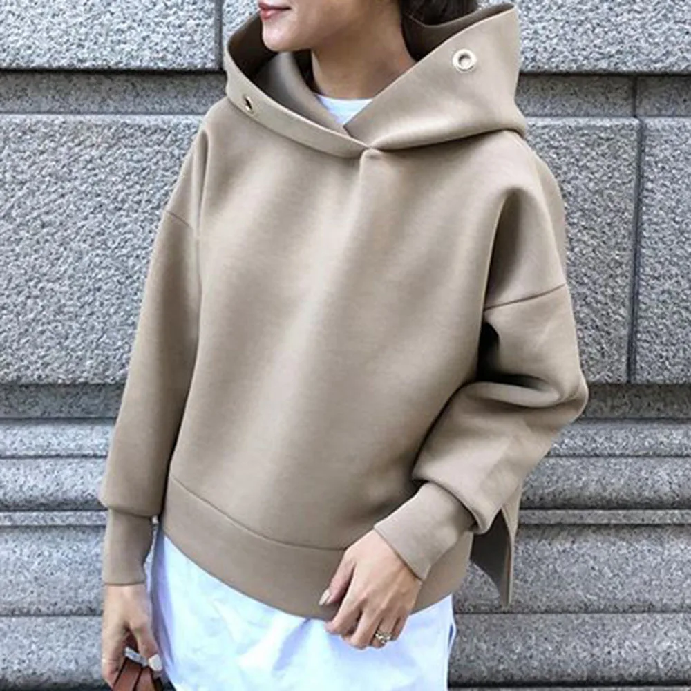 

2021 Women Thick Warm Khaki Loose Hooded Turtleneck Pullovers Spring Black Casual Sweatshirt Knit Hoodies Autumn White Jacket