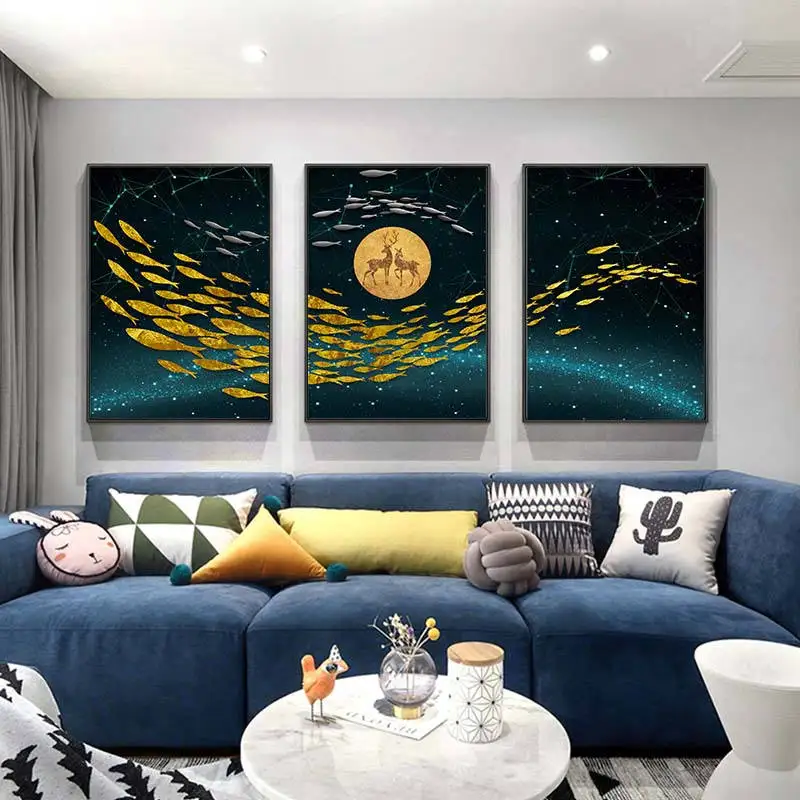 Абстрактный золотой рыбки Луна рисунок оленя на холсте большой синий плакат