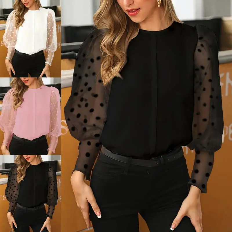

Women Mesh Puff Lantern Sleeves Blouse Polka Dot Solid Color O-Neck Loose Shirts M6CD