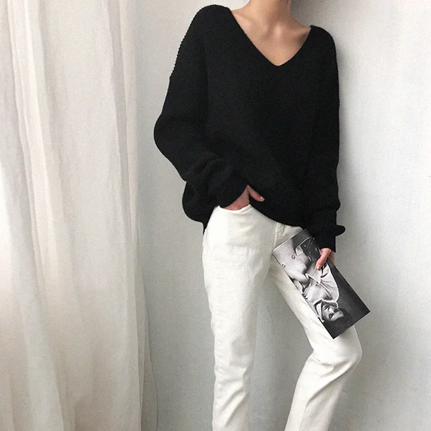Autumn Knitted V-Neck Women's Sweater Pullover Irregular Long Sleeve Sweaters Women 2020 Winter Loose Jumper DA194 | Женская одежда
