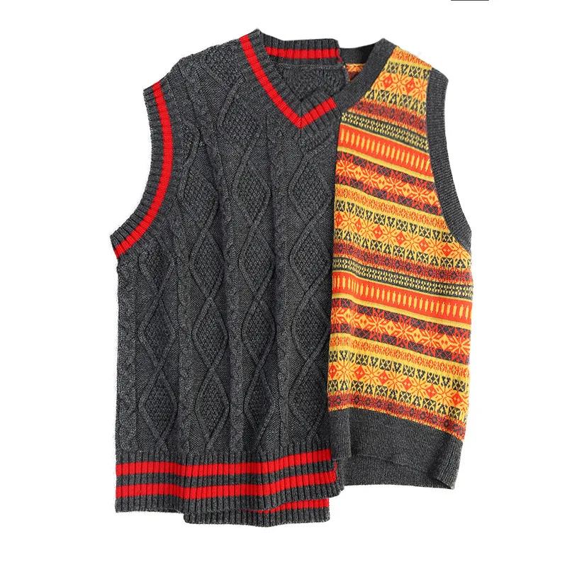 

Asymmetrical hem stitching contrast color vest V-neck cashmere wool knit sweater Lovers suit women tops sleeveless vest