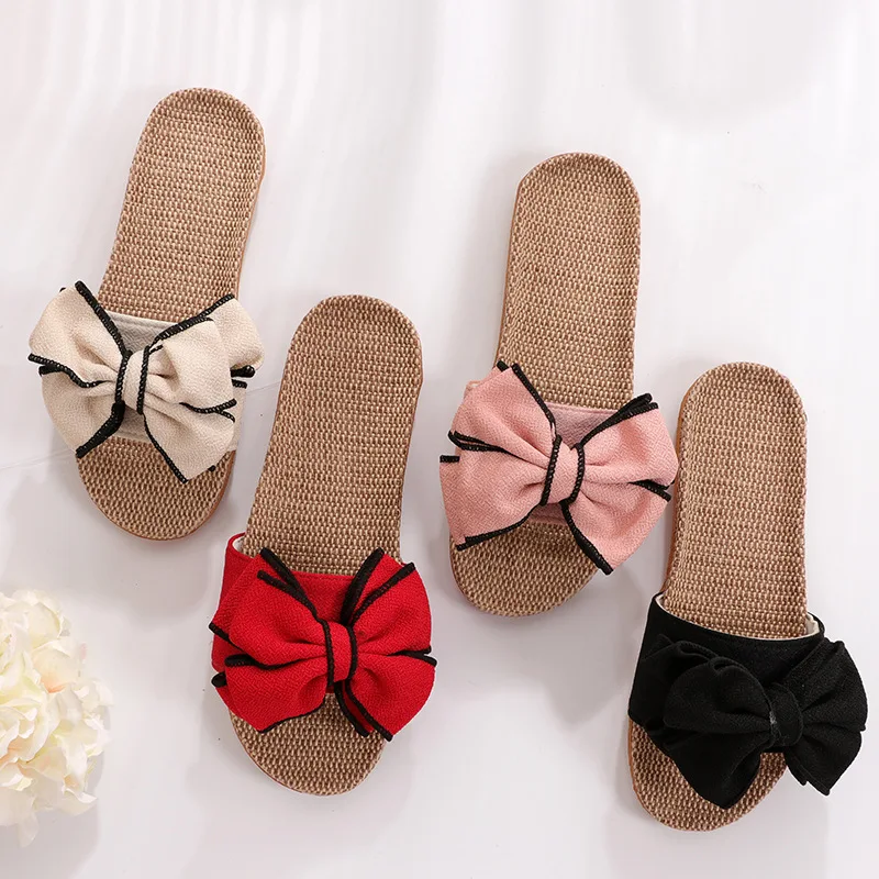 New Butterfly-Knot Home Slippers Summer Cool Eva Slippers Women Linen Belt Slides Female Sandals Flip Flops
