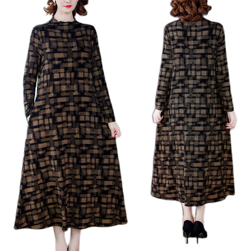 

New Autumn Vintage Gold Plaid Long Sleeve Maxi Dresses Winter Casual 3XL Plus Size Dress Women Elegant Bodycon Party Vestidos