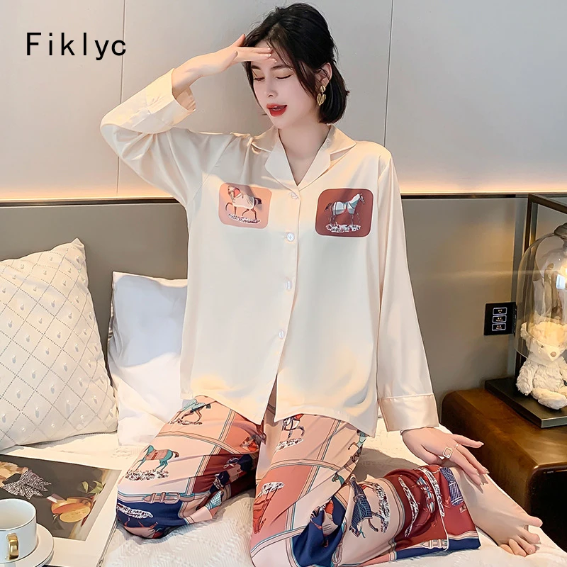 

Fiklyc Horse Print Casual Women's Spring 2022 New Ice Silk Pajamas Sets Cartoon INS Fashion Lady Nightwear Loungewear