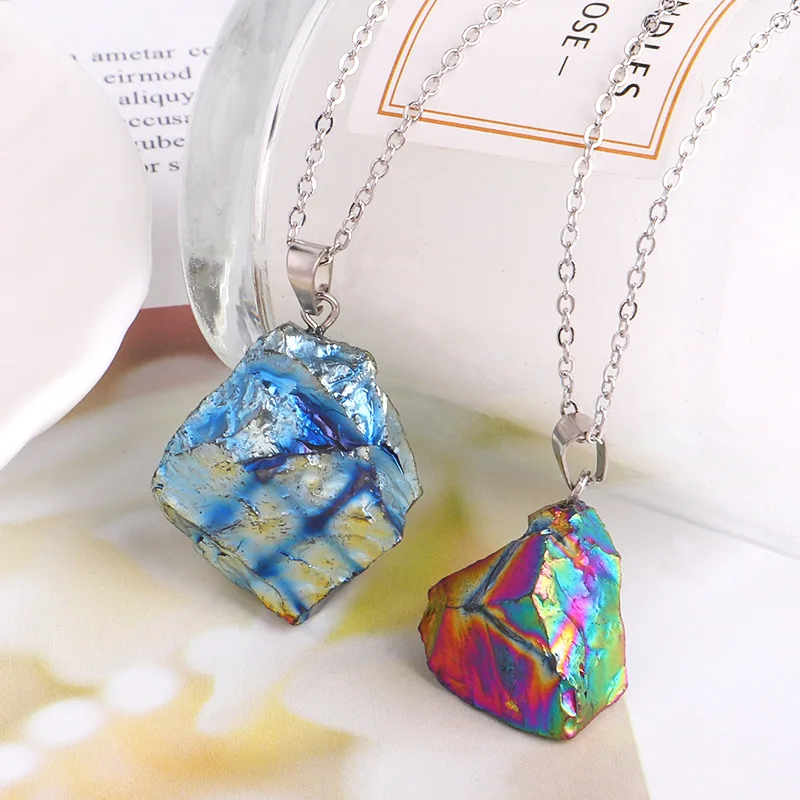 

New Punk Wind Irregular Rainbow Natural Stone Choker Starry Blue Pendant Necklace For Women Wedding Party Gift Fashion Jewelry