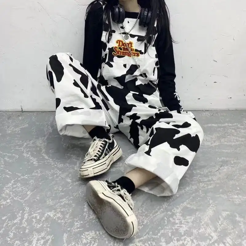 

women hip hop Street Jumpsuit Cow patchwork overalls Korean student style casual wide leg pants Loose spring and autumn trousers