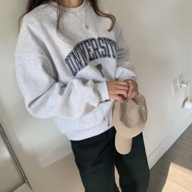 

Spring Autumn 2021 Letter Print Oversized Hoodies Women Harajuku Pullover Casual Unisex Vintage Fleece Sweatshirt Hoodie