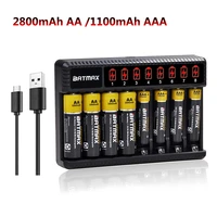 batmax aa 2800mah aaa 1100mah battery lcd 8 slots usb charger for aa aaa ni mh rechargeable battery for toys flashlight