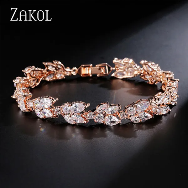 Rose Gold Высокое качество, прозрачный белый кубический цирконий, узор в виде листьев, браслеты для женщин, подарок для девочек, модные свадебные украшения FSBP001 - Окраска металла: Rose Gold