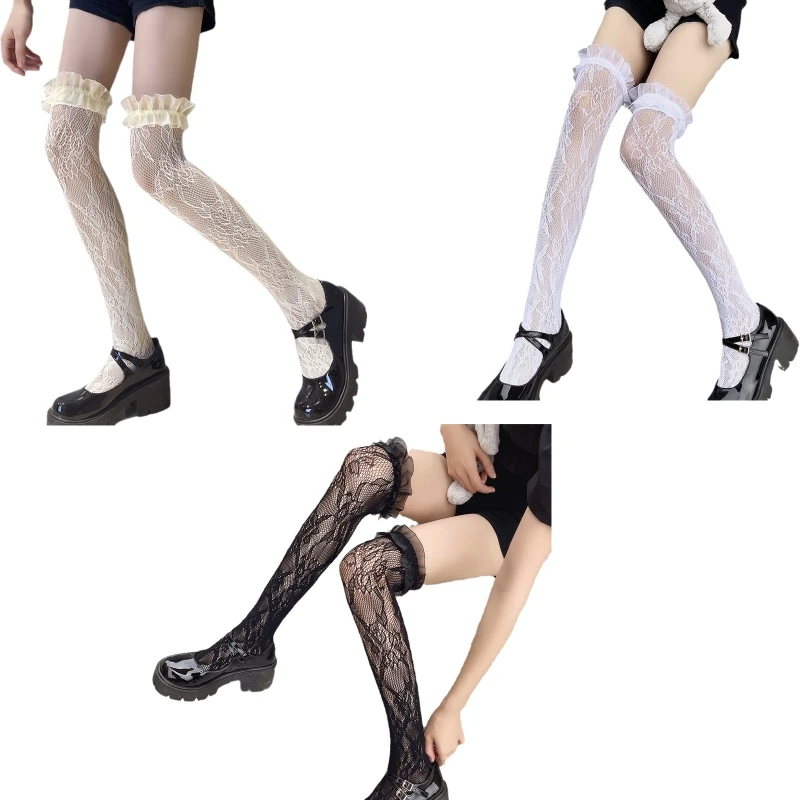 

Japanese Women Lolita Thigh High Stockings Harajuku Sweet Ruffled Top Hollow Out Floral Lace Jacqaurd Over Knee Socks