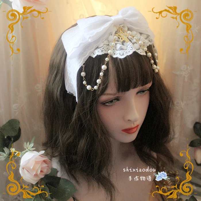 Navy Color Lolita Lace Bow Pearl Chain KC Hair Band Hair Hoop Vinatge Palace Style Gothic Sweet Women's Headband Headdress