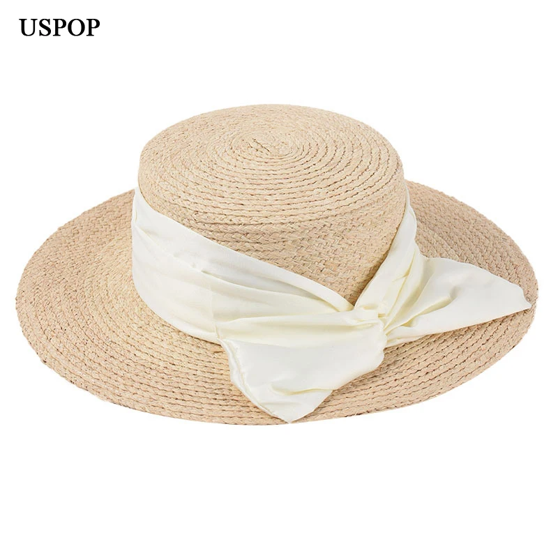 

Женская Соломенная шляпка USPOP, Соломенная шляпка с широкими полями, Пляжная шляпка с большим бантом, натуральная солома-рафия, 2020