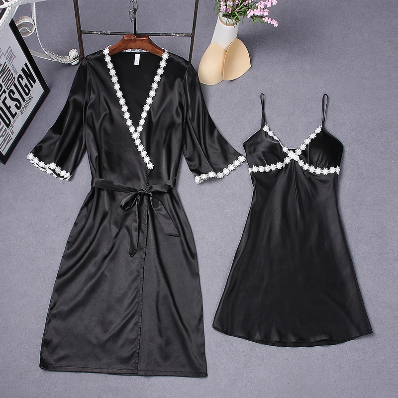 

Black Sexy Robe Women 2PC Strap Top Pajamas Sets Kimono Sleepwear Summer Home Wear Nightgown Suit Bath Gown Sleepshirts M-XL