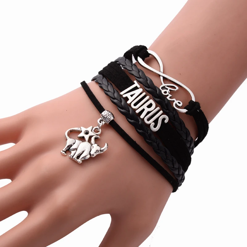 12 Constellation Zodiac Sign Black Braided Leather Bracelet Cancer Leo Virgo Libra Woven Jewelry Punk Men Pendant | Украшения и