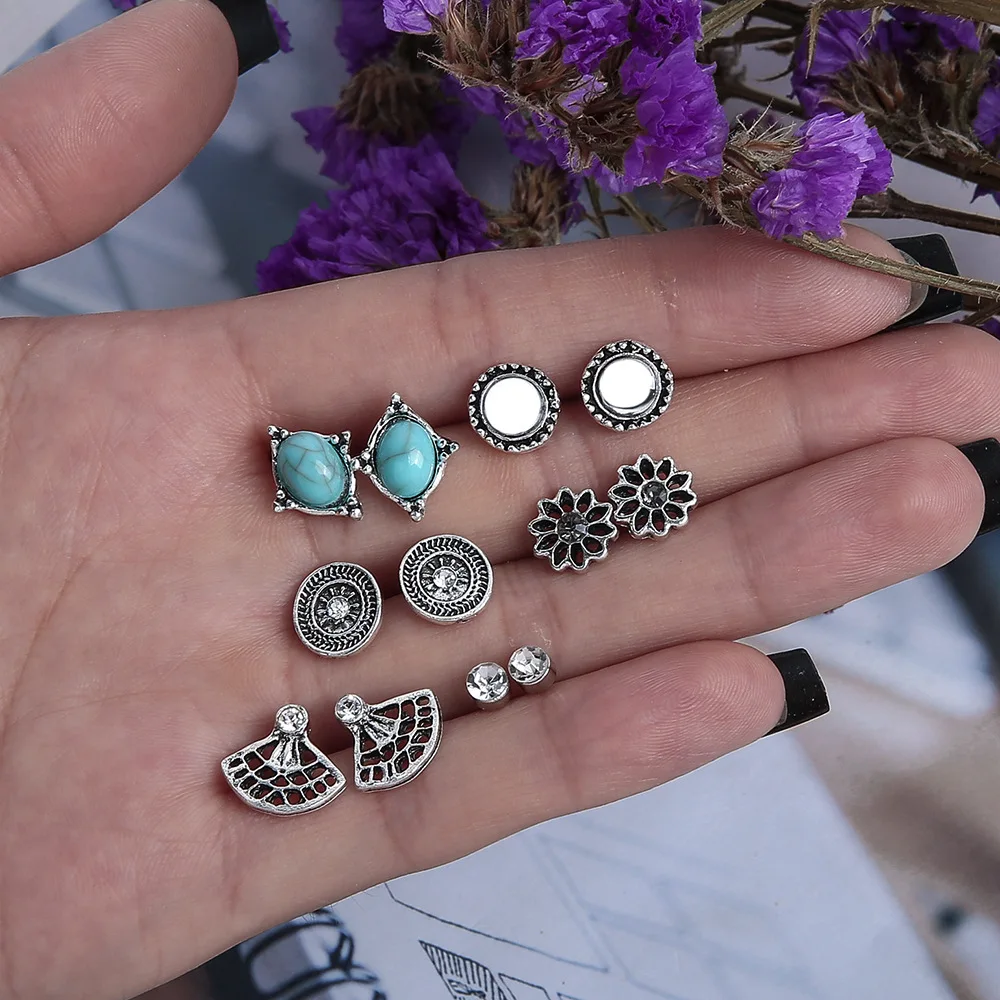 

Ethnic Stud Earring 6Pairs/Set Alloy Turquoise Flowers Leaves Water Drops Ear Clip Womens Vintage Silver Fashion Jewelry