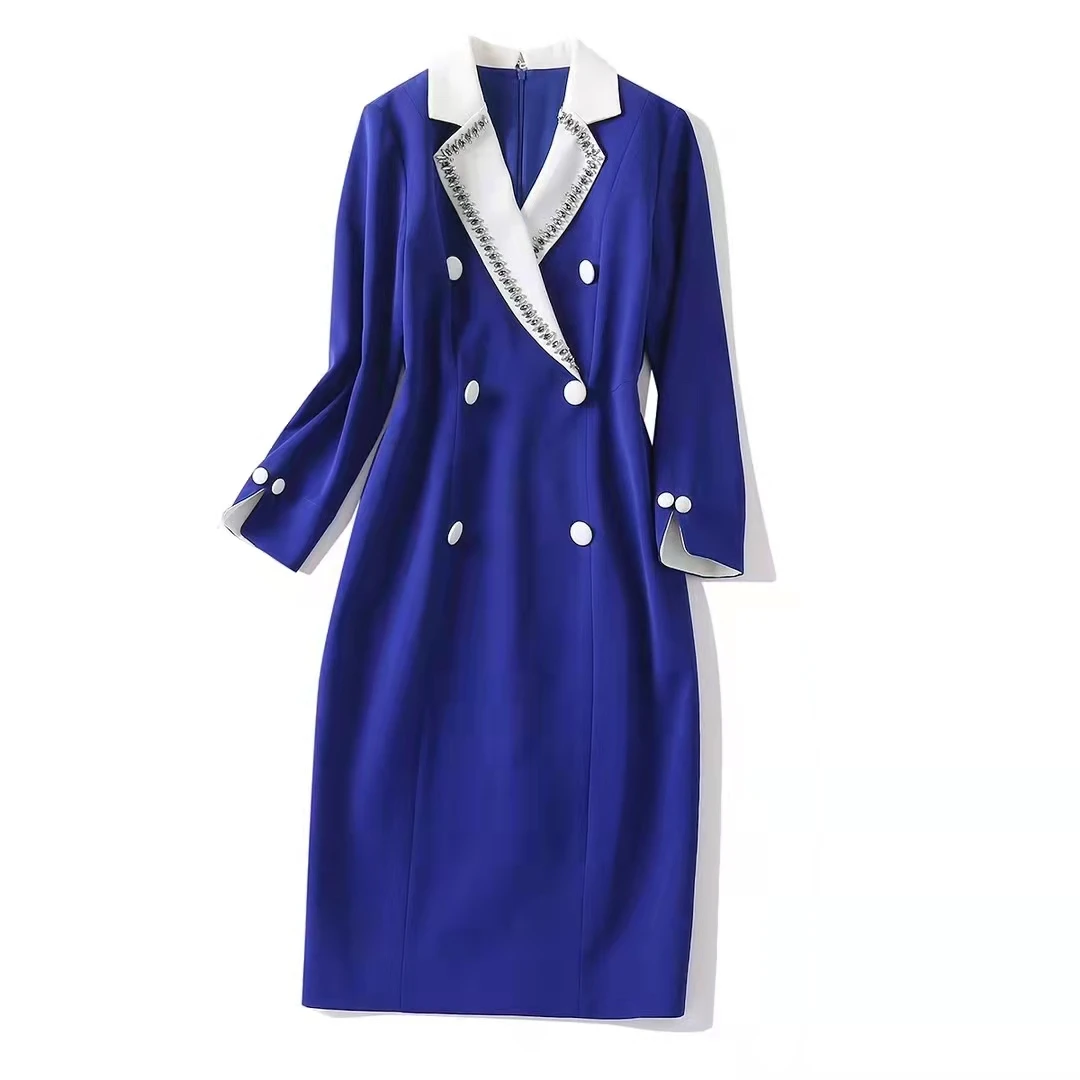 

European and American women's wear new autumn 2022 Long sleeve Beaded suit collar fashion Double-breasted dress