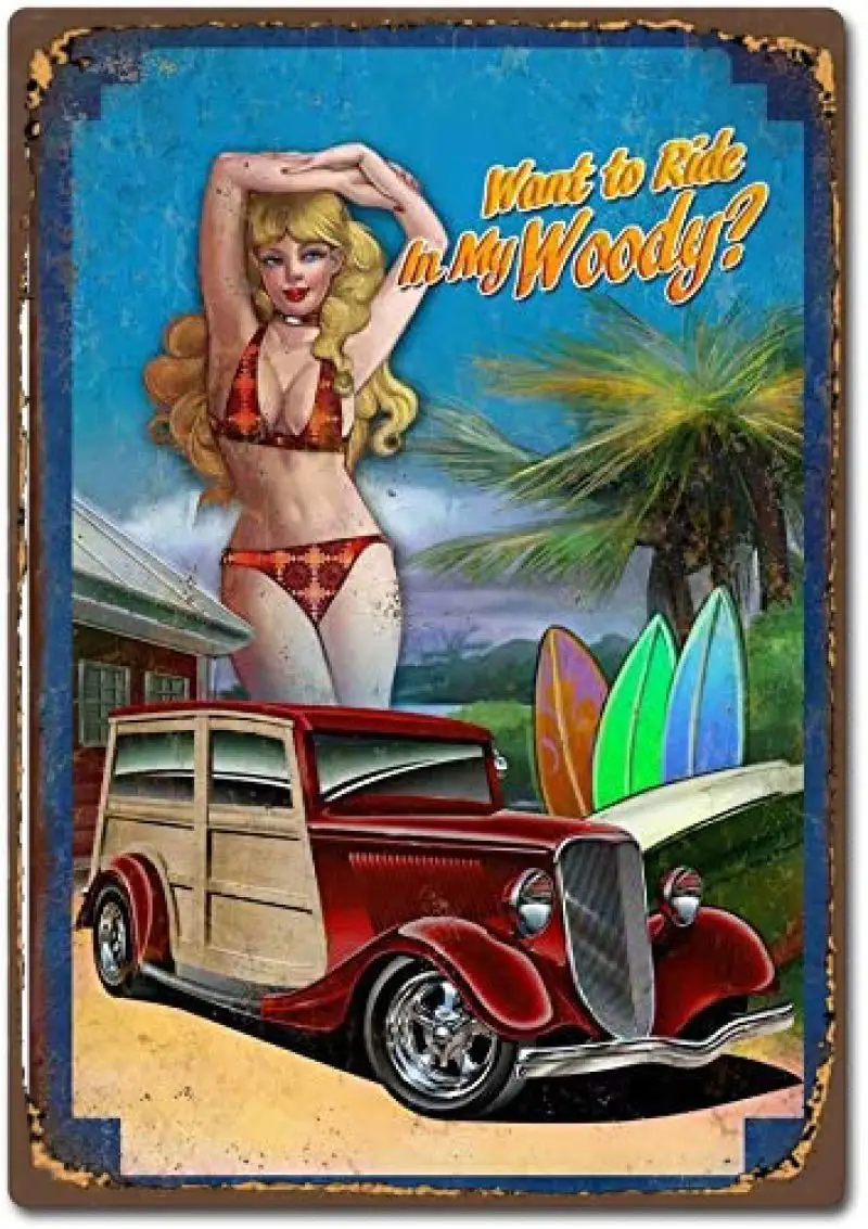 Хочу ехать в моем Вуди булавке девушка сексуальная леди Забавный знак Ретро