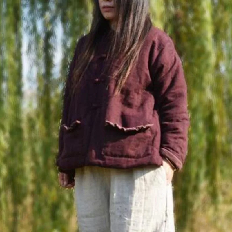 Женское однобортное пальто из хлопка и льна повседневное свободное теплое с