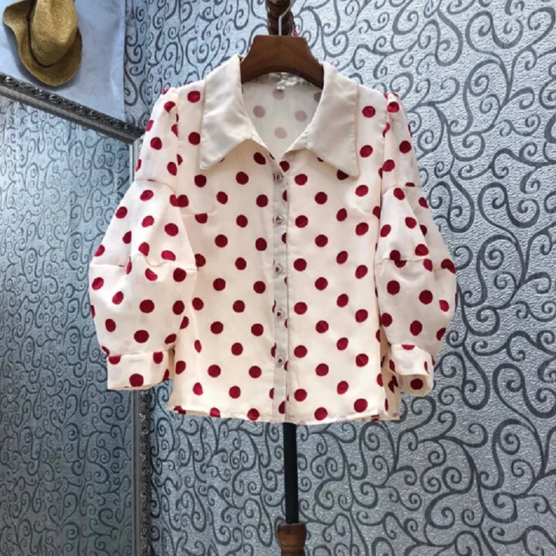 

New Korean Fashion Blouses 2021 Summer Women Turn-down Collar Polka Dot Print Long Sleeve Casual Button Shirts Blusas Feminino