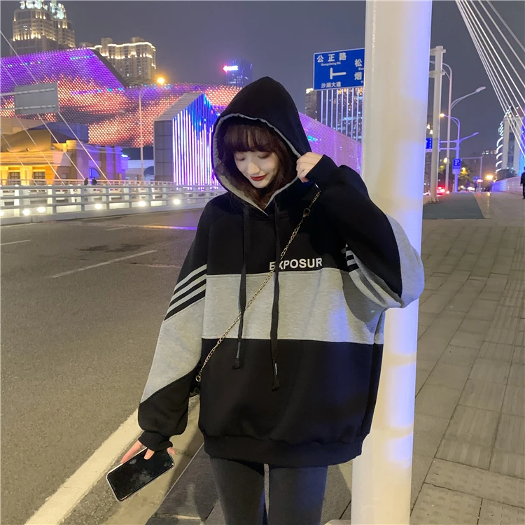 

XZ1135 2021 new women Contrasting letter hooded loose mid-length casual long-sleeved Sweatshirts