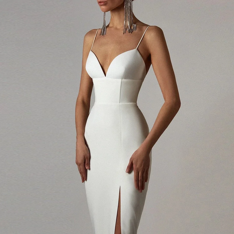 

New-Coming Elegant Female Summer Spaghetti Strap Split Dress Solid V-neck Ladies Christmas Dress Party Night
