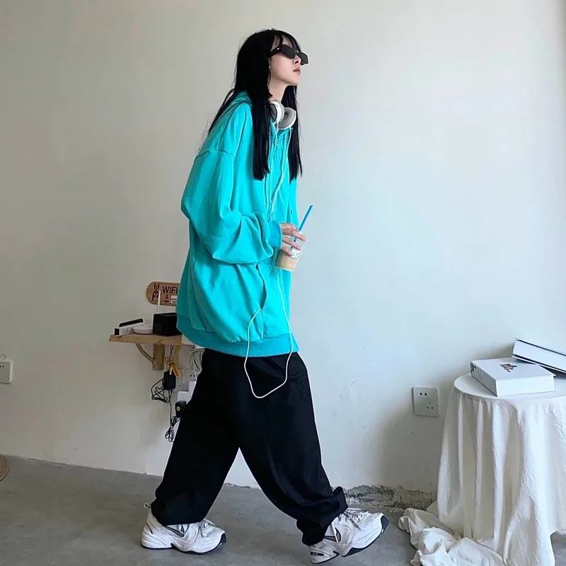 

Jackets Womens Autumn Hooded Zipper Loose Oversize Long Sleeve Korean Style Bf Streetwear All-match Casual Famale Harajuku Chic