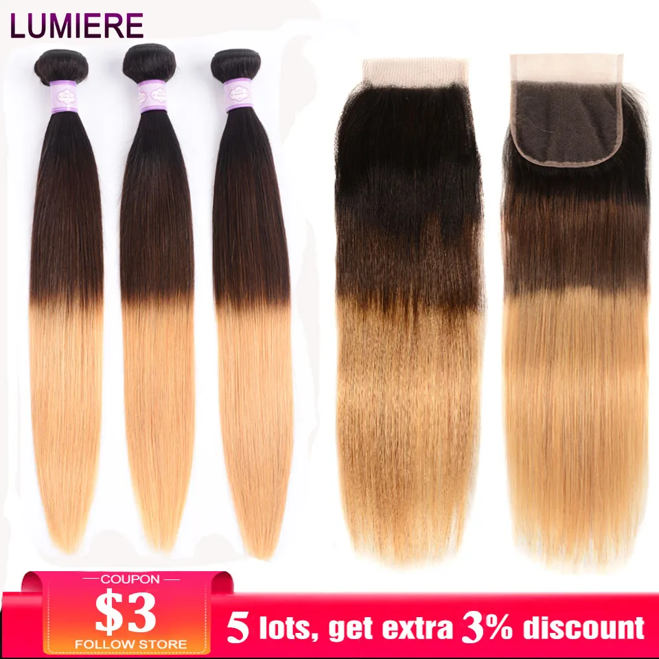 Светомузыка для волос 3 тонов прямые волосы Омбре Связки с закрытием T1B/4/27 Remy