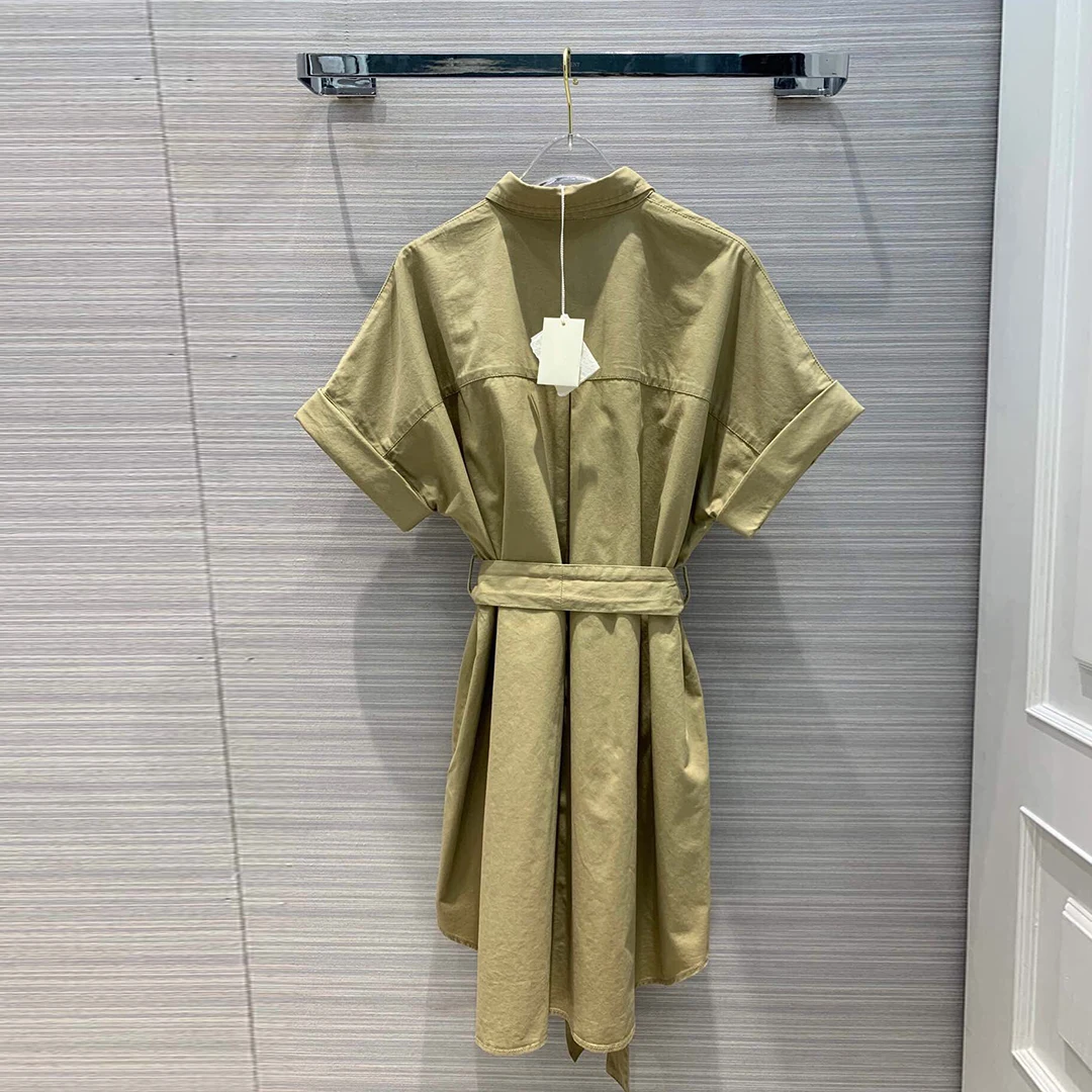 

2020 new summer high-end oxford cloth solid color short sleeve shirt dress women manual nail drill lace up belt midi dresses