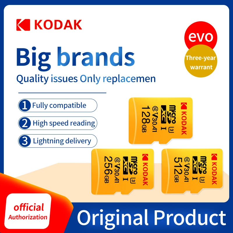 Kodak Micro SD карты 128 ГБ оперативной памяти, 32 Гб встроенной памяти, 64 ГБ 128 ГБ 256 ГБ TF карта Class10 U3 A1 V30 слот для карт памяти 100 МБ/с. чтения Скорость Micro SD карта памяти на 32 ГБ