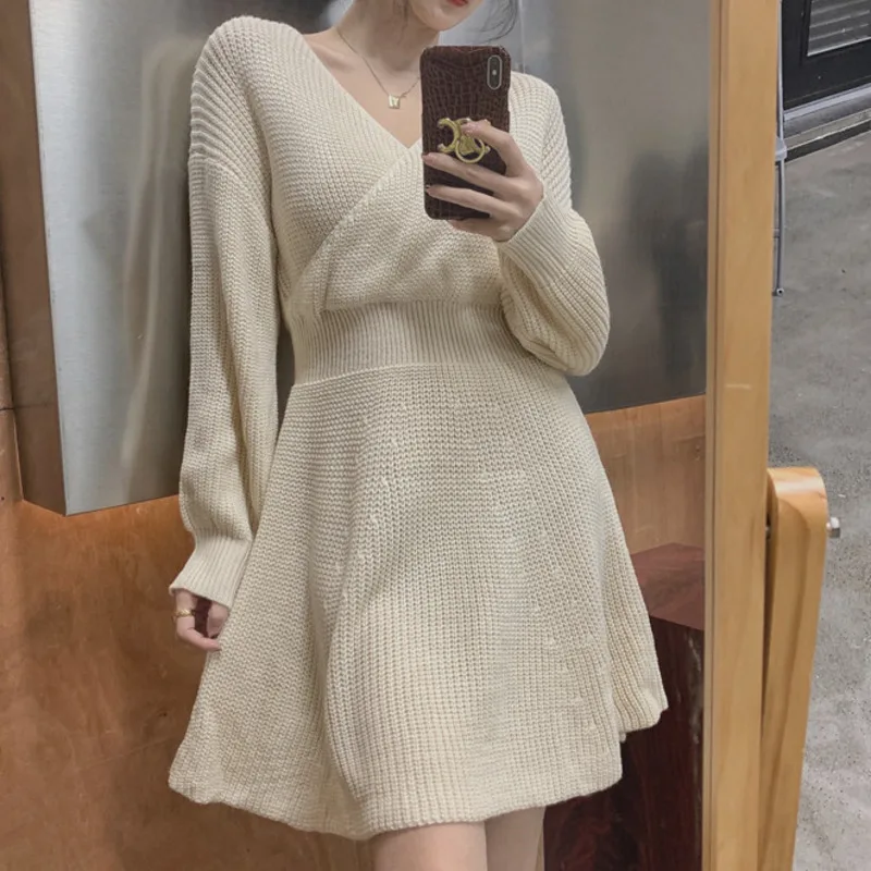 

Temperament Women Knitted Dress Solid Criss-Cross V-neck Elegant Autumn Long Sleeve Robe Korean Chic Mini Casual Office Vestidos