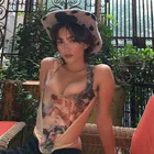 Модные Y2K эстетику печати Топы для женщин корсет без рукавов жилет Топ Обрезанные с низким вырезом на спине для клуба топ на бретелях 2020 Новый