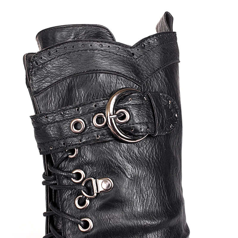 

Womens Round Toe Thick Heel Motorcycle Street Style Black PU Boots Shoes Snow Mid-calf Boots Winter Shoes Footwear