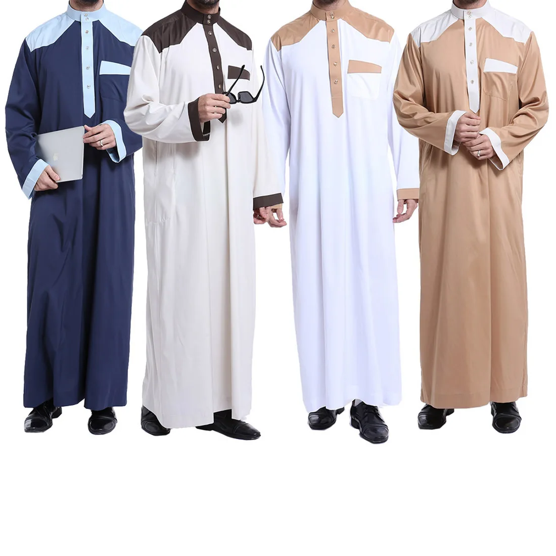 3xl Big Size Thobe For Men Islamic Men Clothing Fashion Mandarin Collar Long Sleeve Abaya For Men Autumn Loose Abaya Hombre Blue