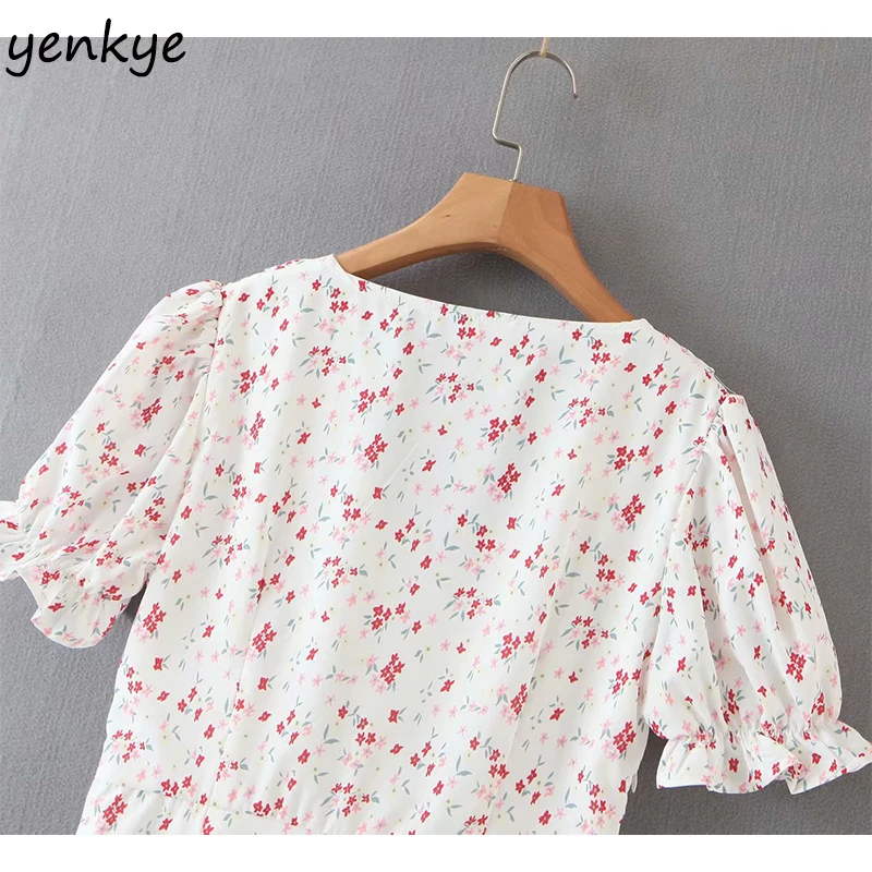 

Sweet Women Floral Print Dress Lady Short Sleeve V Neck High Waist A-line Mini Summer Dress XDS6658