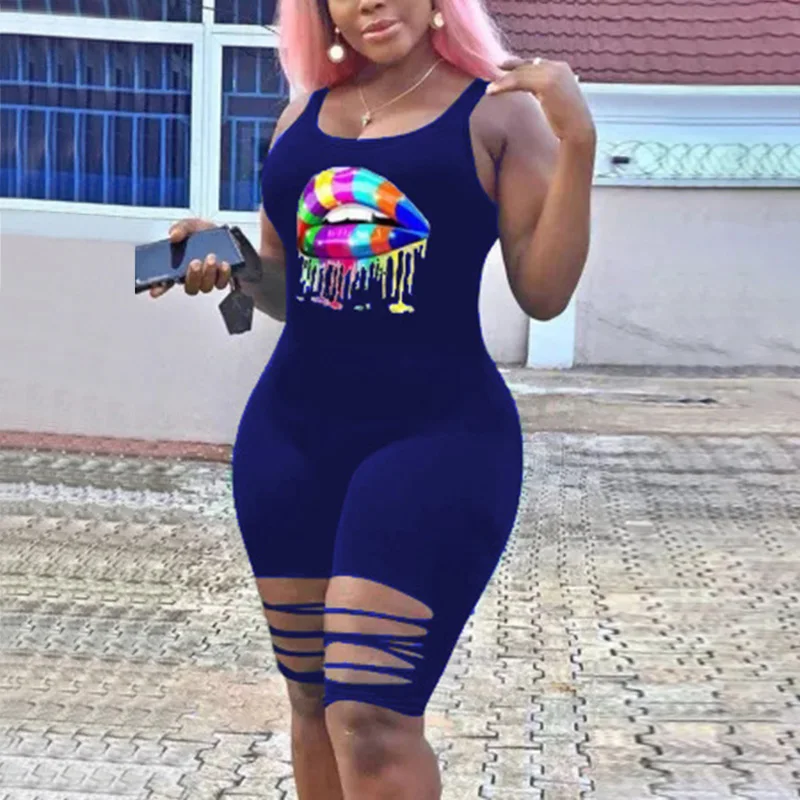 

Fashion Ladies Summer Vogue Lips Printed Sleeveless Rompers Fashion Plus Size Slim Fit Soft One Piece Short Jumpsuit Overalls