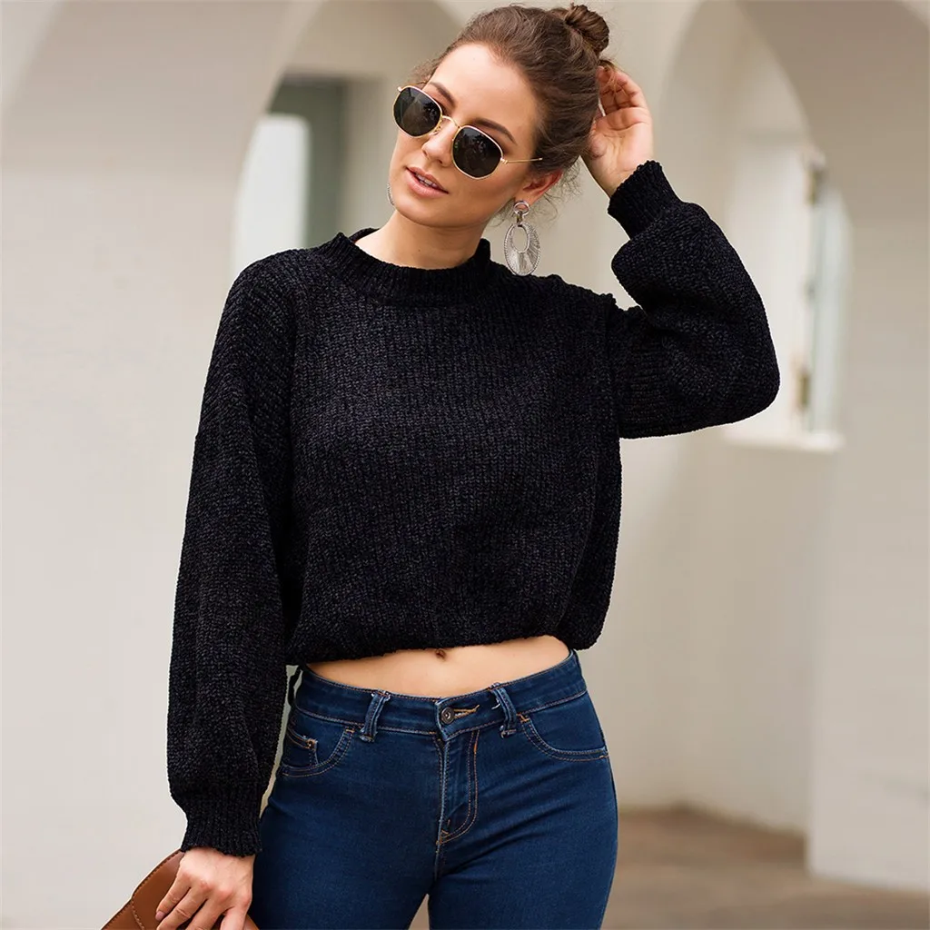 Pull long femme O-neck fashion sweater lantern sleeve crop top knitted Pullovers Streetwear blouse women New 2019 | Женская одежда