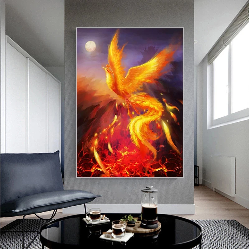 Плакат на холсте с изображением Луны красного желтого оранжевого Феникса огня