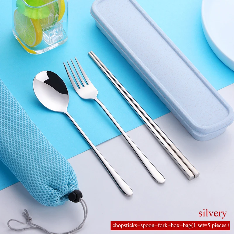 Silver Set 5 шт./компл. 18/8 палочки для еды из нержавеющей стали набор ложка и вилка портативный набор посуды с коробкой набор столовых приборов для путешествий кухонная посуда - Цвет: Silver Set
