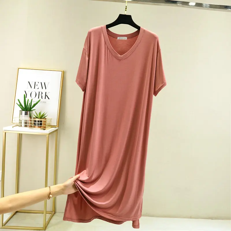 Fdfklak V-Neck Deign 2022 Summer New Modal Nightdress Women Sleepwear Solid Loose Leisure Night Dress Solid Color Nightgown