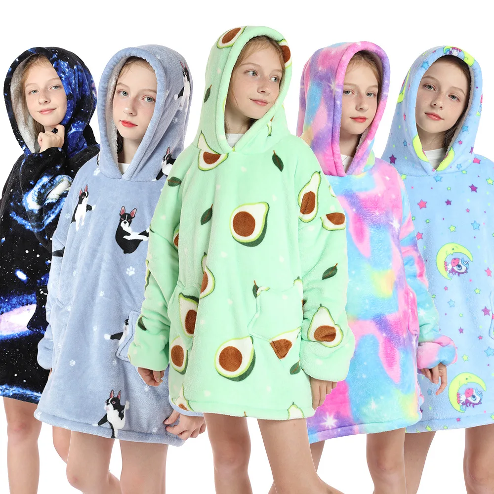 

Kids Blanket Hoodie Winter Sherpa Blanket Sleeves Ultra Plush Fleece Sweatshirt Hoodie Warm Flannel Hooded Animal Blankets
