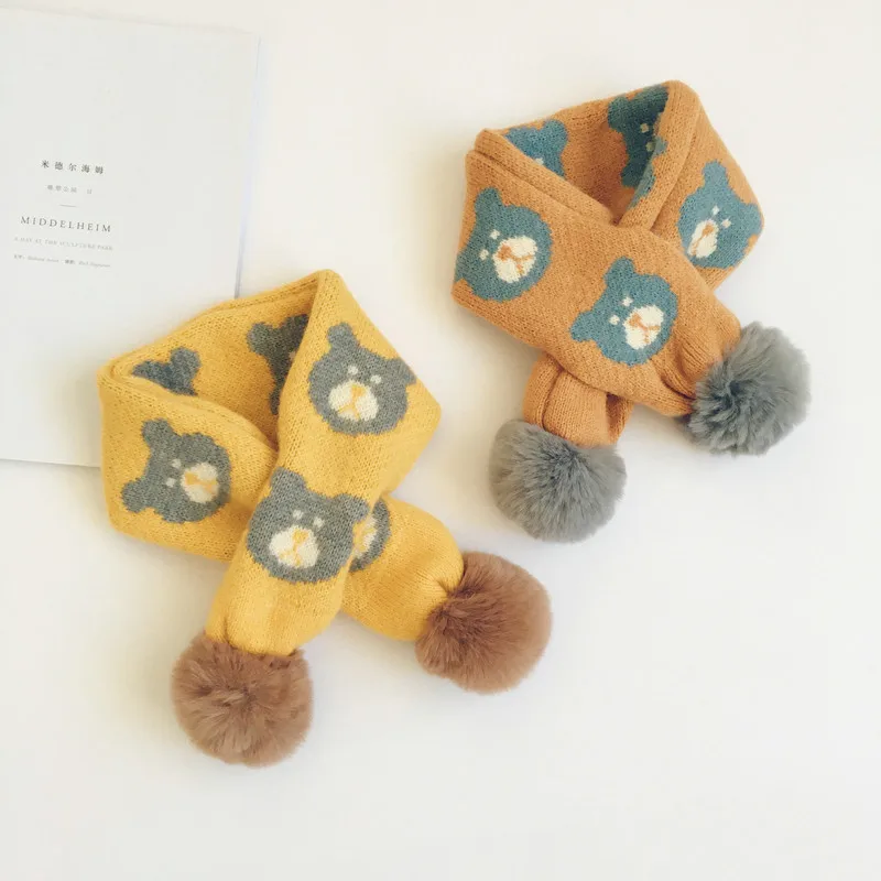 Korean Style New Autumn Winter Children Knitted Scarves Cartoon Printed Baby Kids Warm Pompon Neckerchief Chic Shawl |