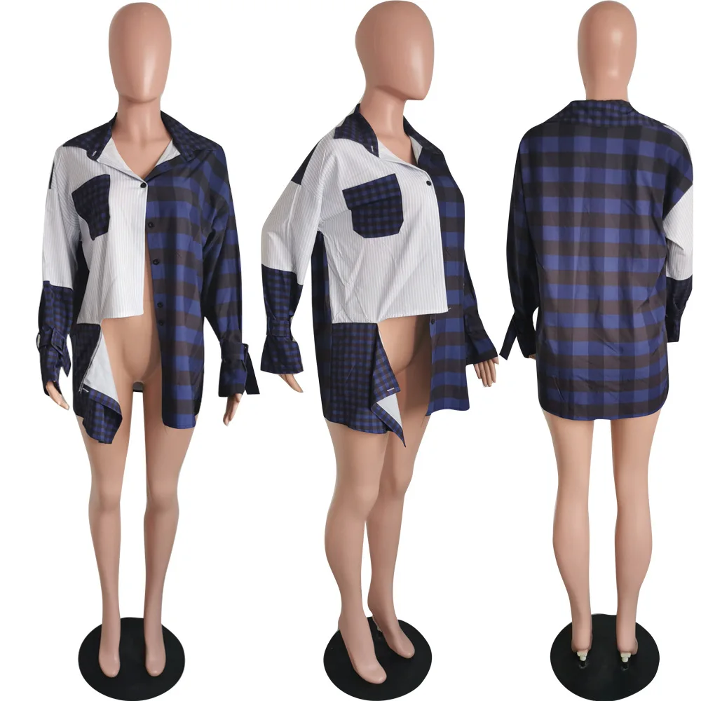

Fashion Patchwork Striped Plaid Shirts Casual Loose Long Blouse Women Clothes Sexy Button Up Long Sleeve Tops