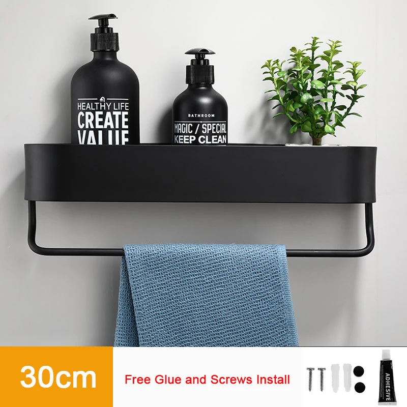 

Black Bathroom Shelf Kitchen Wall Shelves 30-50cm Length Shower Basket Storage Rack Towel Bar Robe Hooks Bathroom Accessories